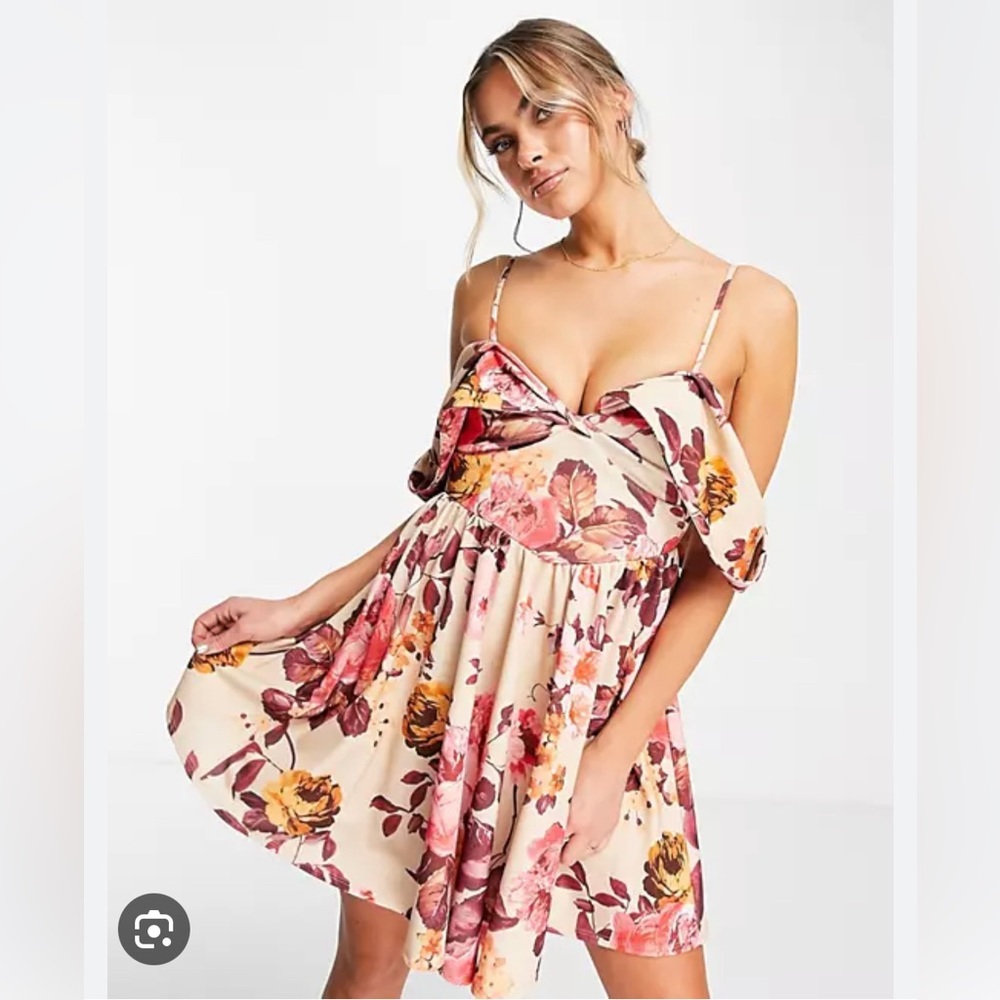 ASOS DESIGN a line off shoulder drape sleeve mini dress in rose print size Small